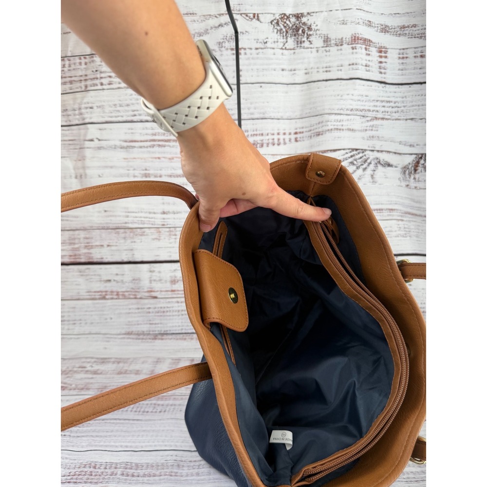 Bueno Navy Blue Cognac Brown Pebbled Vegan Leather Triple Compartment Tote Bag - Picture 6 of 7